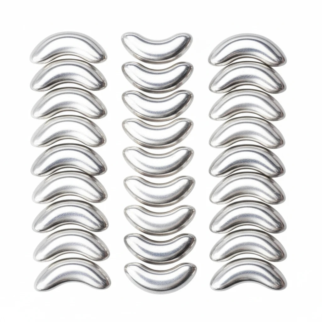 A set of ten metallic silver crescent-shaped dental impression trays arranged in a grid of three columns on a white background.