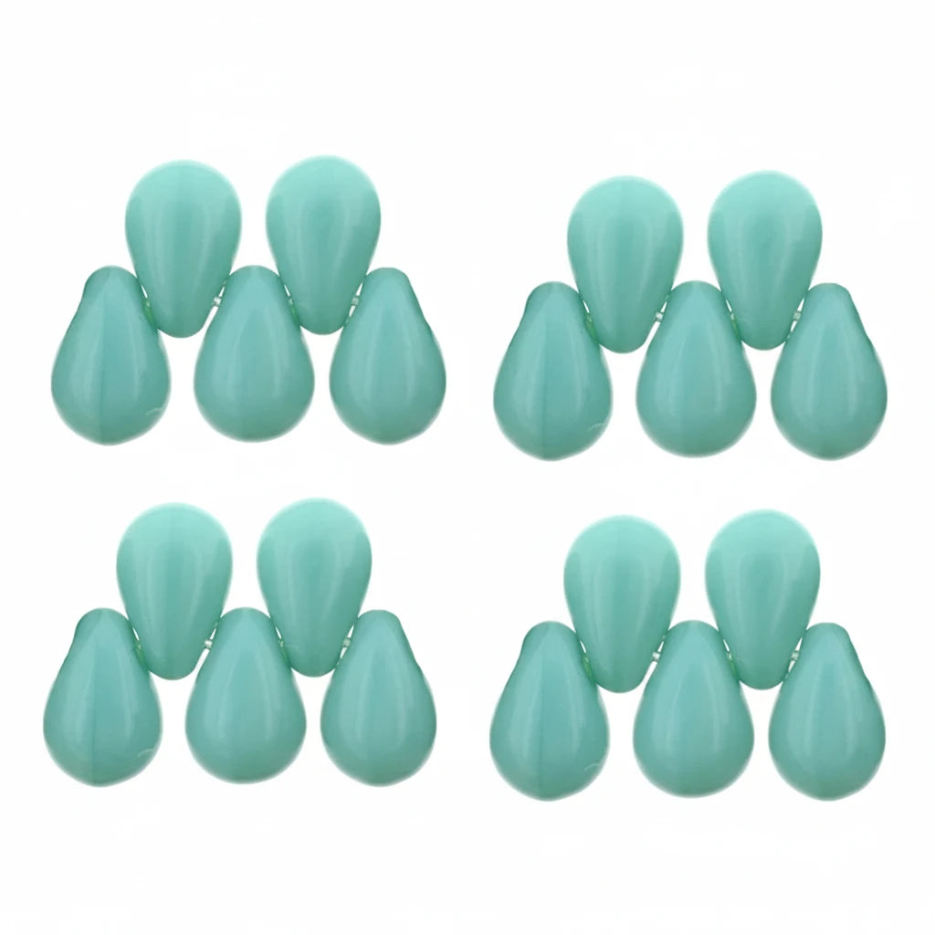 Eight small glossy teardrop-shaped beads in a light mint green or aqua color, arranged in two rows of four on a plain white background.