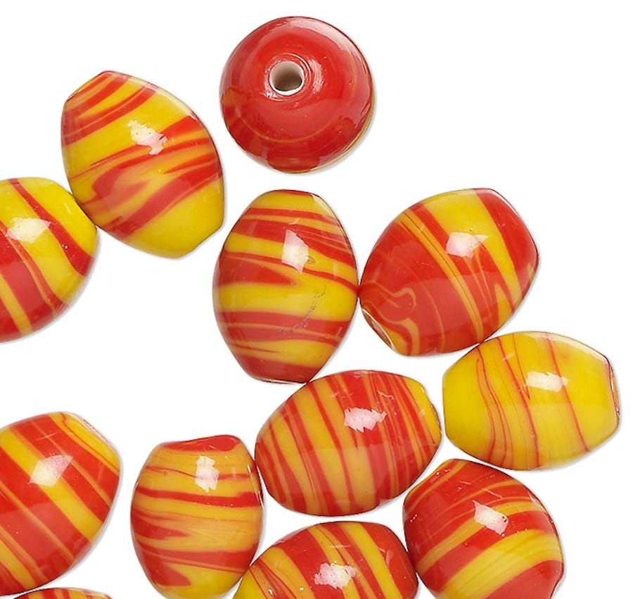 Lampworked Glass Oval Swirl Beads: Opaque Yellow, Orange & Red, 11x9-12x10mm (20 pc)