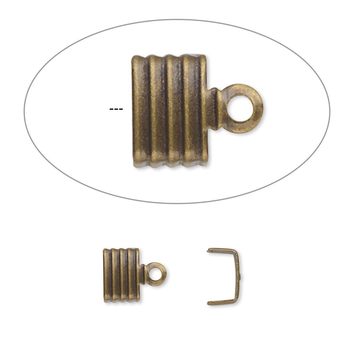 An antique bronze jewelry finding, specifically a ribbed cap spacer with a loop and a separate U-shaped spring clasp, shown on a white background with a magnified detail inset.