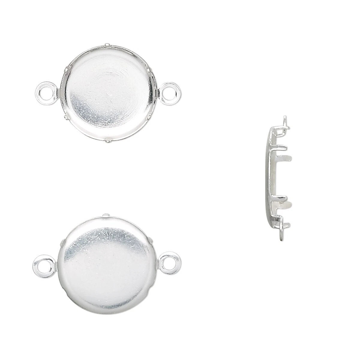 Silver-toned round bezel cabochon jewelry findings shown from the top and side views on a plain white background.