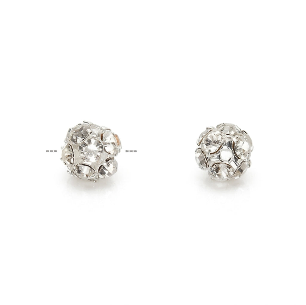 A pair of silver-toned ball BEADS with clear rhinestones, shown against a plain white background.