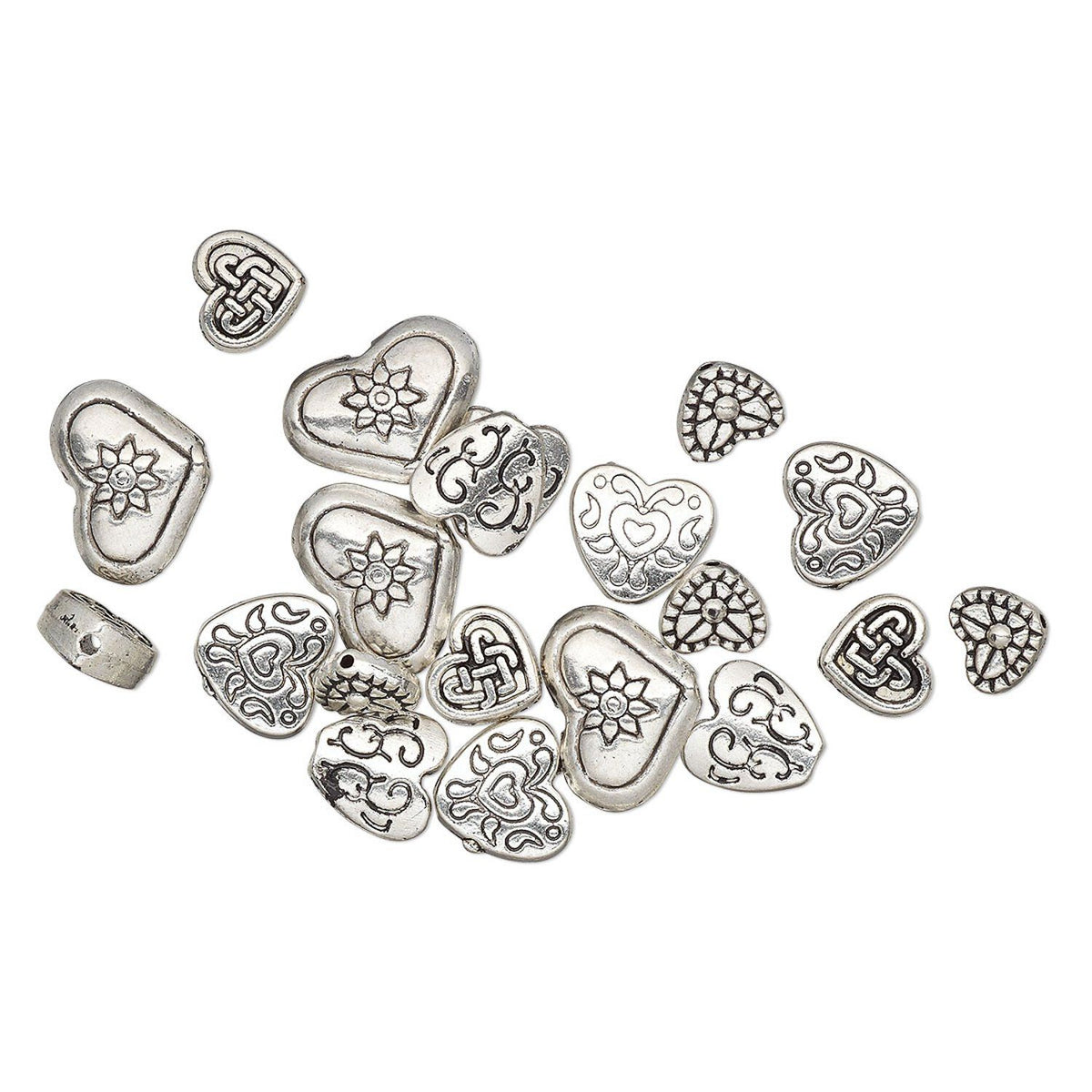 A set of silver-toned heart-shaped metal charms with various engraved patterns, including Celtic knots, floral motifs, and hearts, arranged on a plain white background.