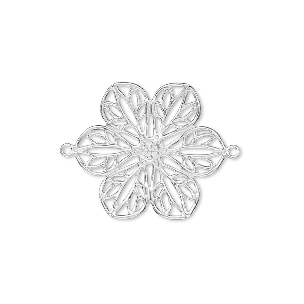 A silver-toned metal flower-shaped jewelry charm with intricate filigree cutouts and two small loops on the side ends, shown on a plain white background.