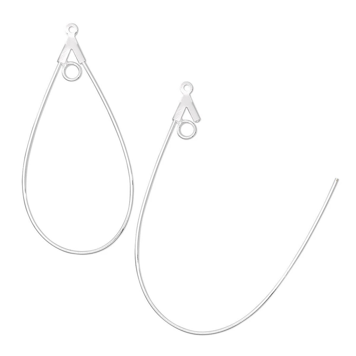 Two silver teardrop-shaped wire earrings with snap closures, displayed on a clean white background.