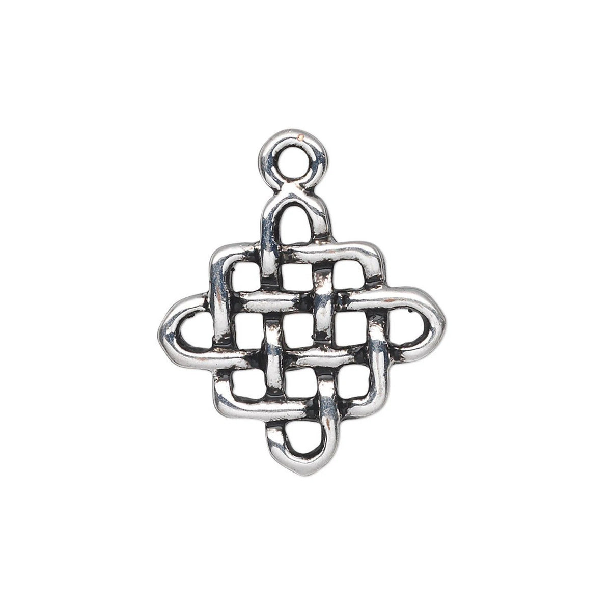 A silver-toned metal charm with an intricate interlaced knot design and a top loop, shown on a plain white background.