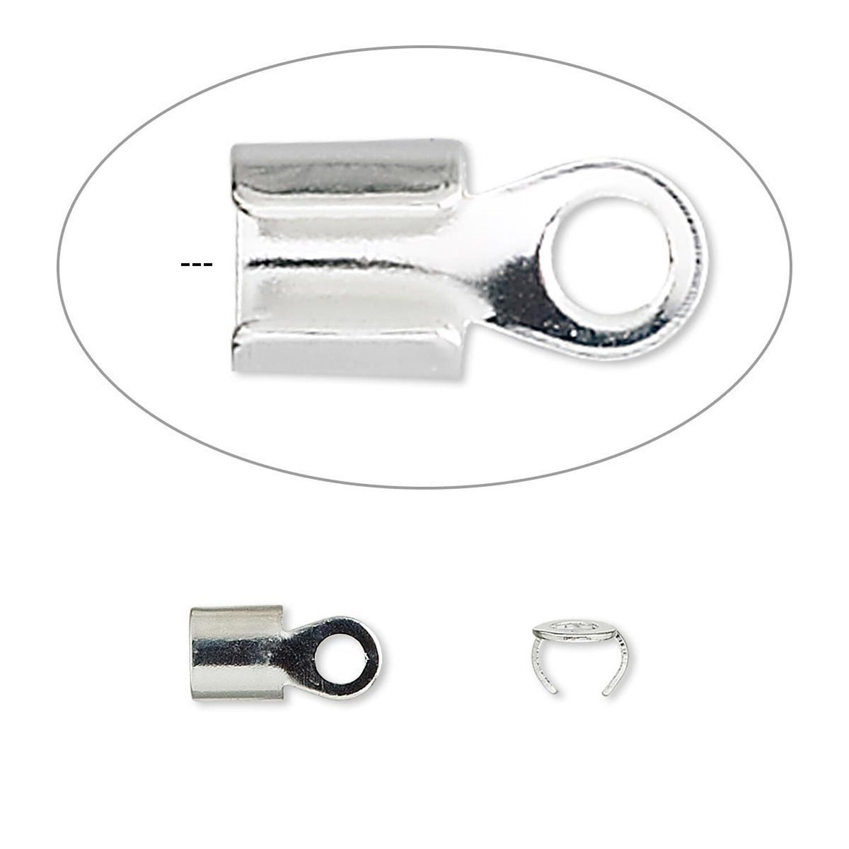 Silver-toned metal eyelet connector hardware shown on a white background, with a large top view inside an oval outline and two smaller side views below