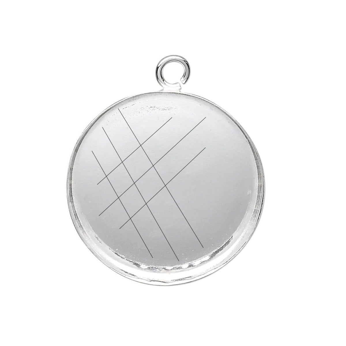 A round silver-toned metal pendant or charm with a small loop at the top and a brushed metallic surface featuring a simple geometric line pattern, shown on a plain white background.
