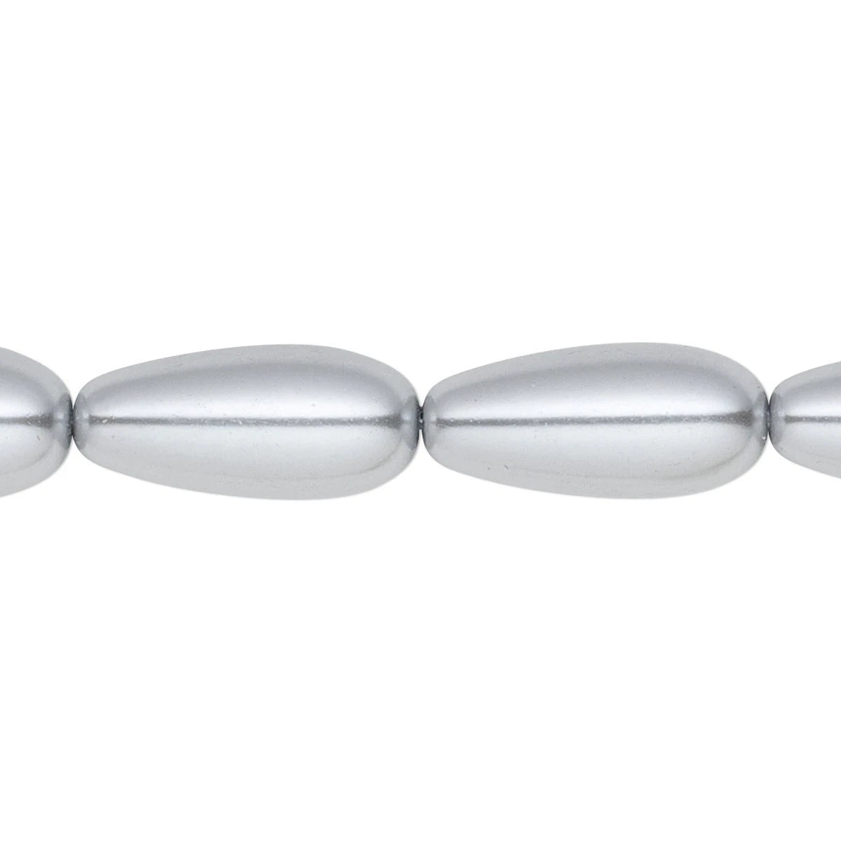 A close-up of a metallic silver beaded strand, showing smooth, elongated teardrop-shaped beads on a plain white background.