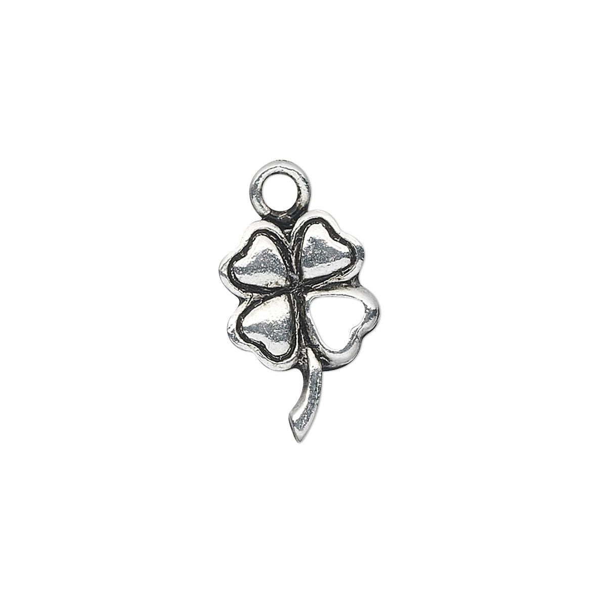 A silver four-leaf clover charm with an antiqued finish, featuring a small hanging loop at the top, shown on a plain white background.