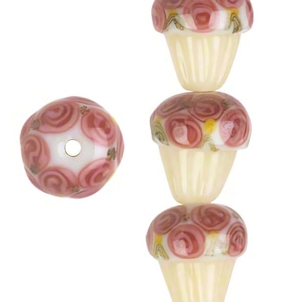 Lampworked Glass Cupcake Beads: Roses on Frosting, Opaque White/Cream/Pink/Green (12 pc) — Final Stock