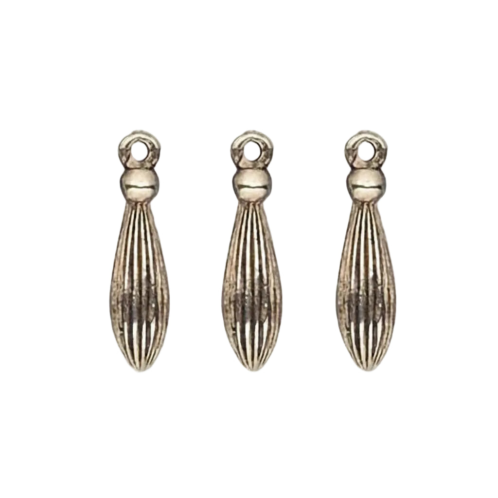 Five antique bronze tassel-shaped jewelry charms with a loop at the top, arranged in a row on a plain white background.