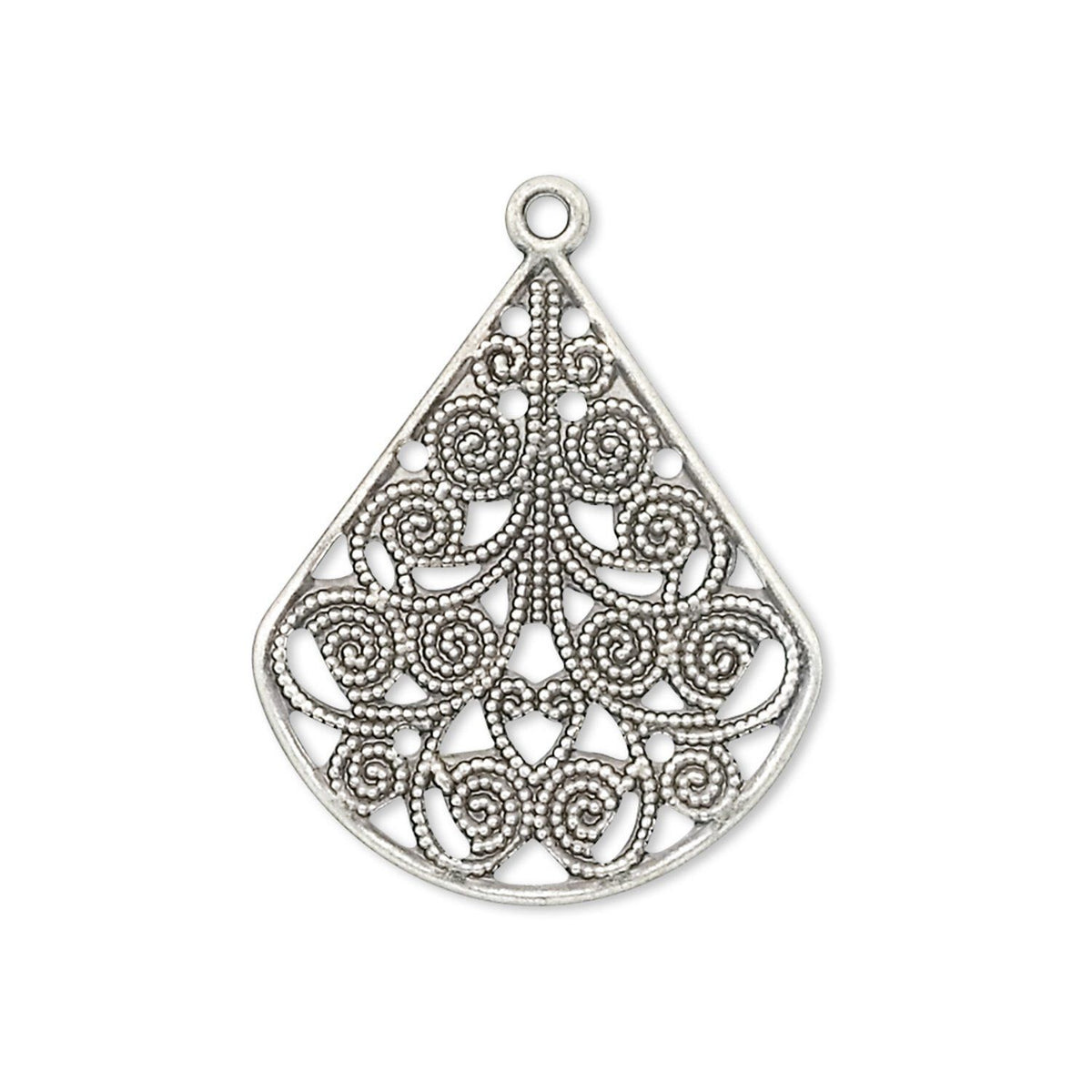 A teardrop-shaped silver filigree charm with intricate scrollwork and bead-like detailing, shown on a plain white background.