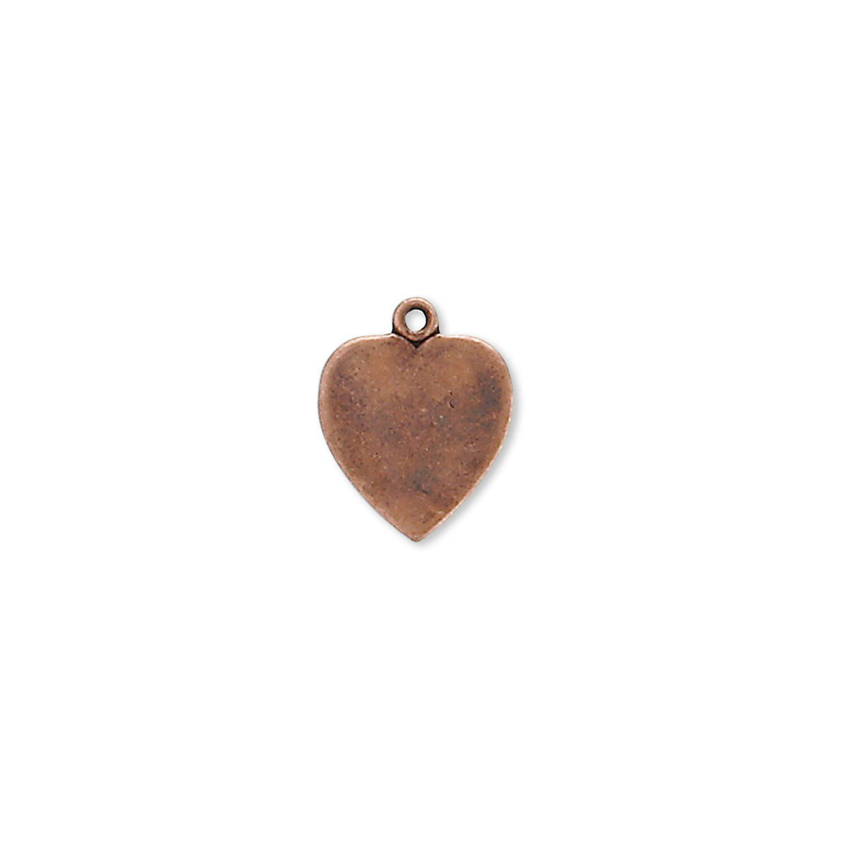 A small heart-shaped metal charm with a textured, antique copper finish and a top loop, centered on a plain white background.