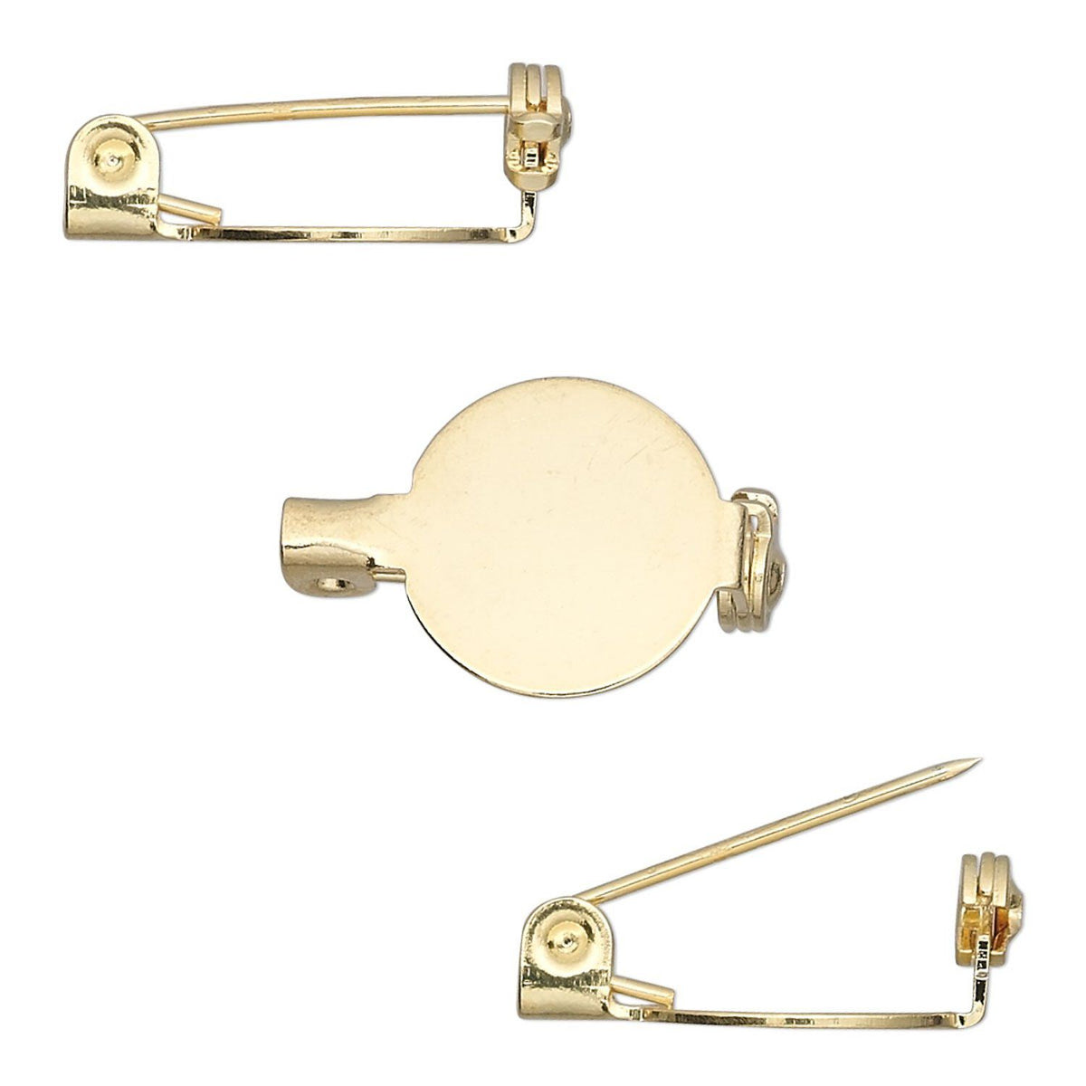 A gold-toned safety pin style pin shown from multiple angles on a plain white background, including the front flat circular face and the side hinge and clasp details.