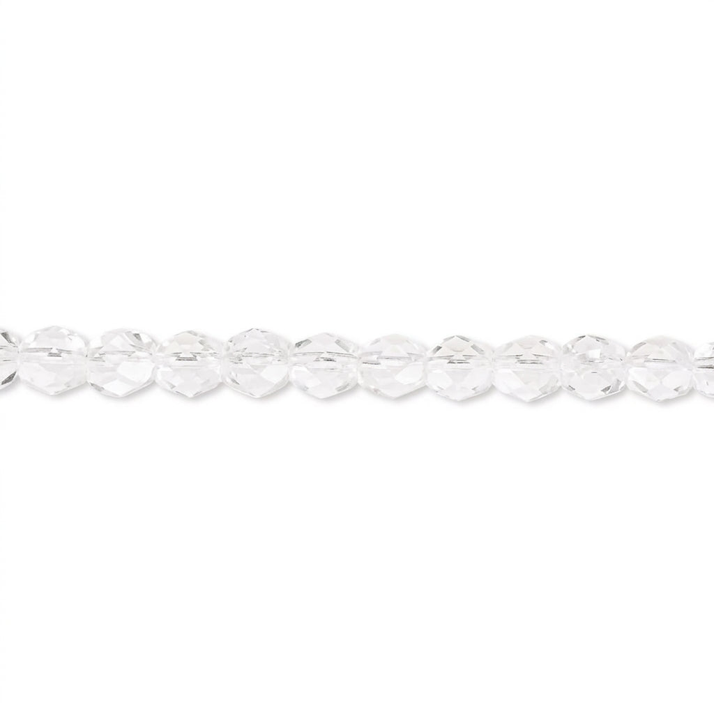 A close-up of a strand of clear faceted round beads on a plain white background.