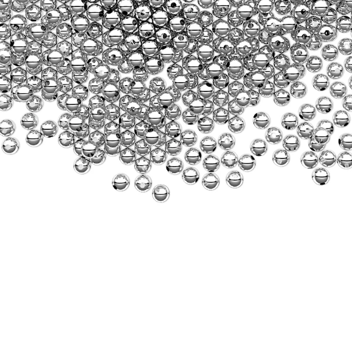 A pile of small, sterling silver metallic beads scattered across the top half of a white background.