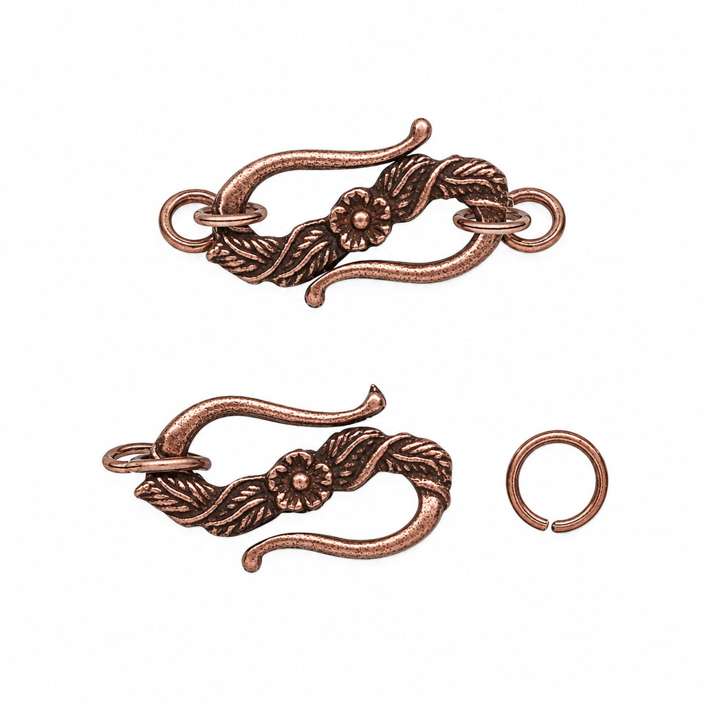 Copper-toned metal jewelry findings set featuring a decorative floral and leaf hook clasp shown in two assembled and open positions, plus a separate open ring clasp on a plain white background.