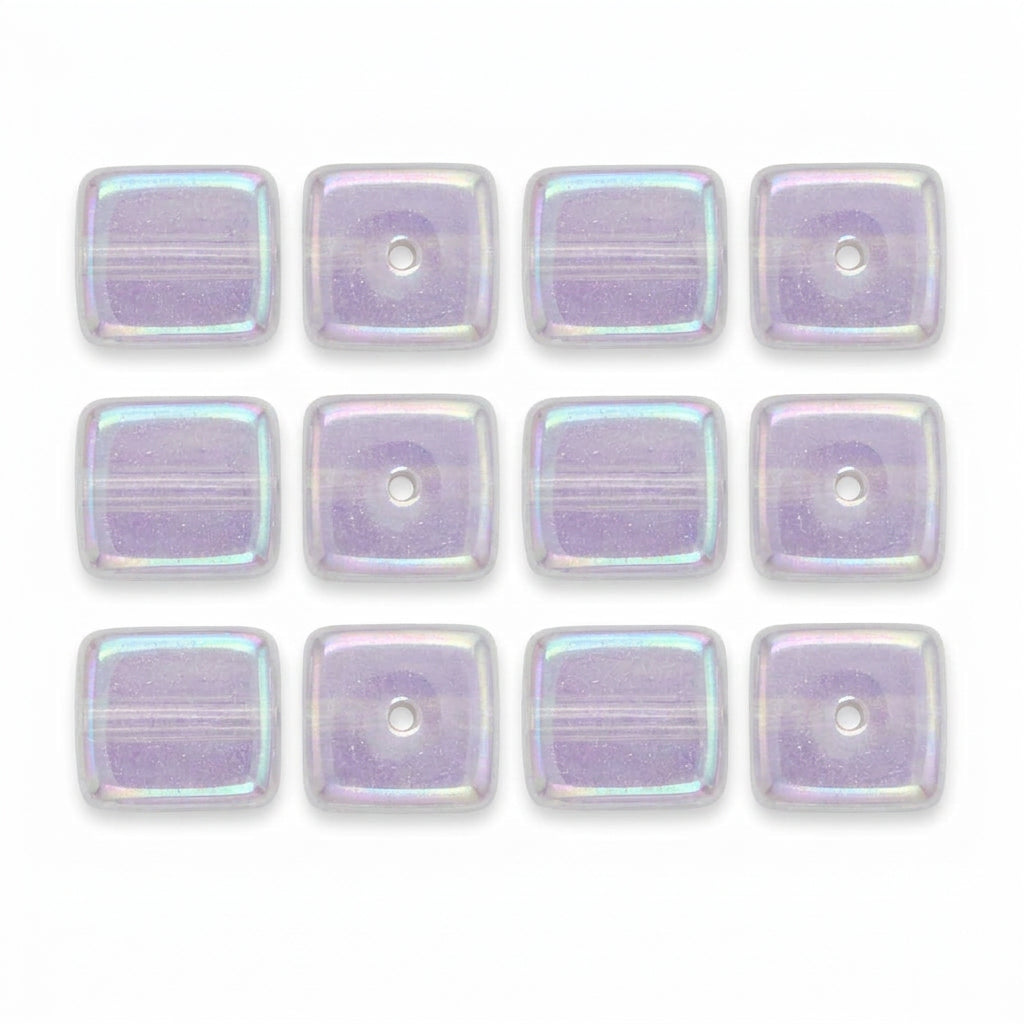 square glass beads with a lavender-purple and silver iridescent finish