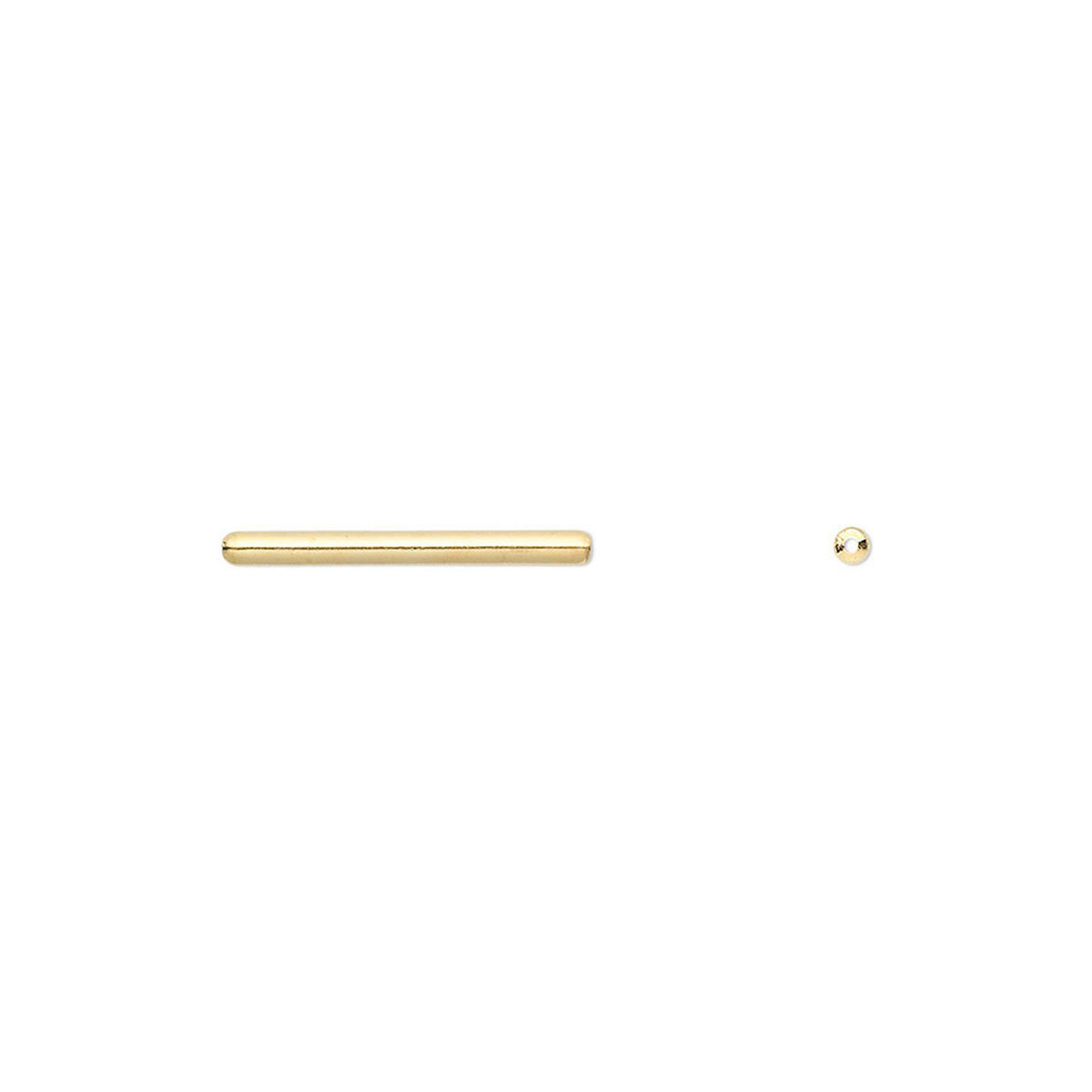 A pair of gold jewelry components on a plain white background: a long, slender bar and a small round bead or cabochon.