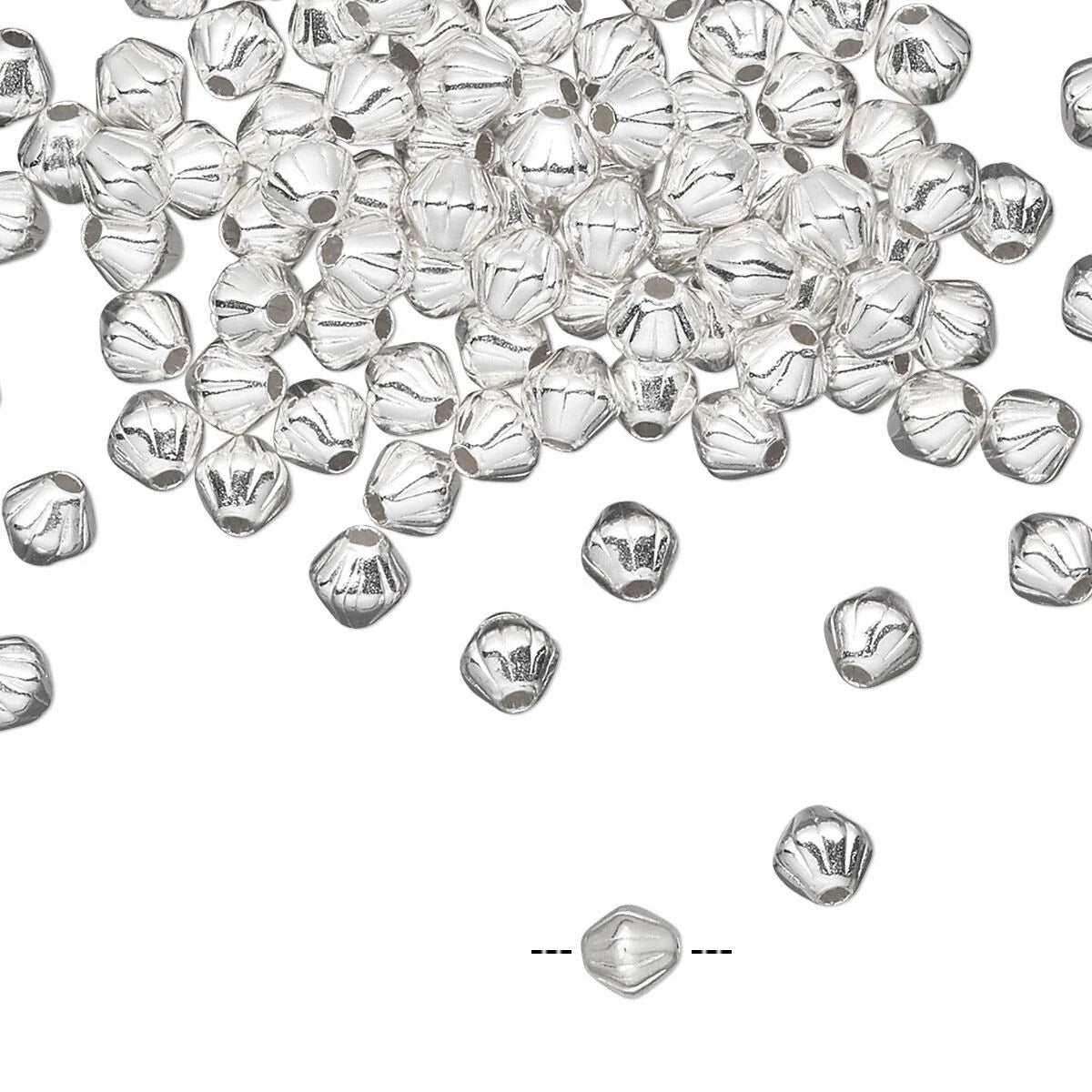 silver beads scattered on a white background, with one bead shown separately at the bottom center and a dashed line indicating its shape.