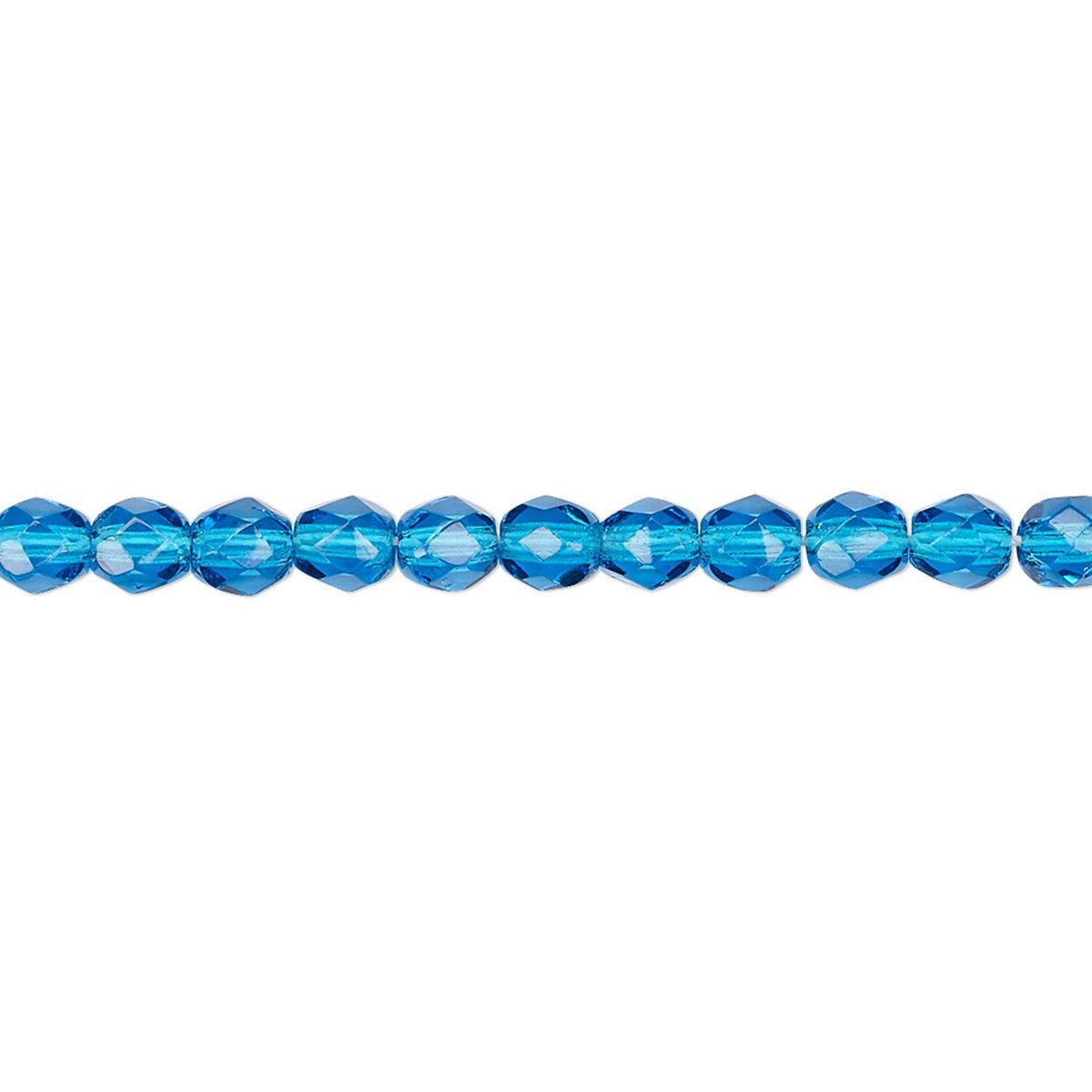A strand of faceted round beads in a vibrant light blue color, arranged horizontally against a plain white background.