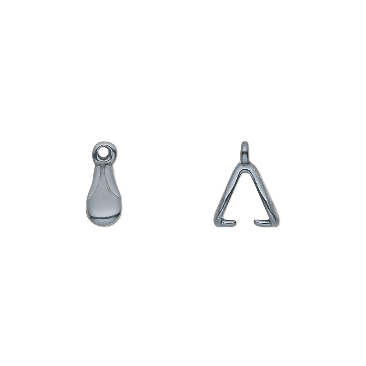 Two silver metal jewelry findings on a plain white background: a small teardrop-shaped charm with a loop at the top and a separate open triangular hook charm.
