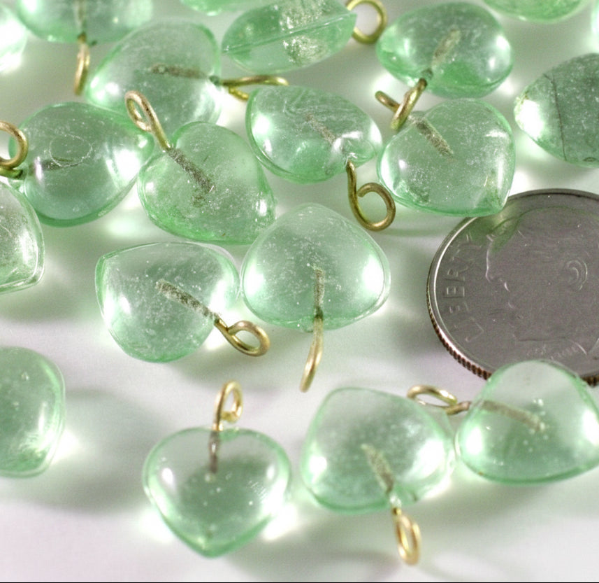 Transparent Peridot Green Glass Heart Drop Charms 10mm with Brass Loop — 100 pcs