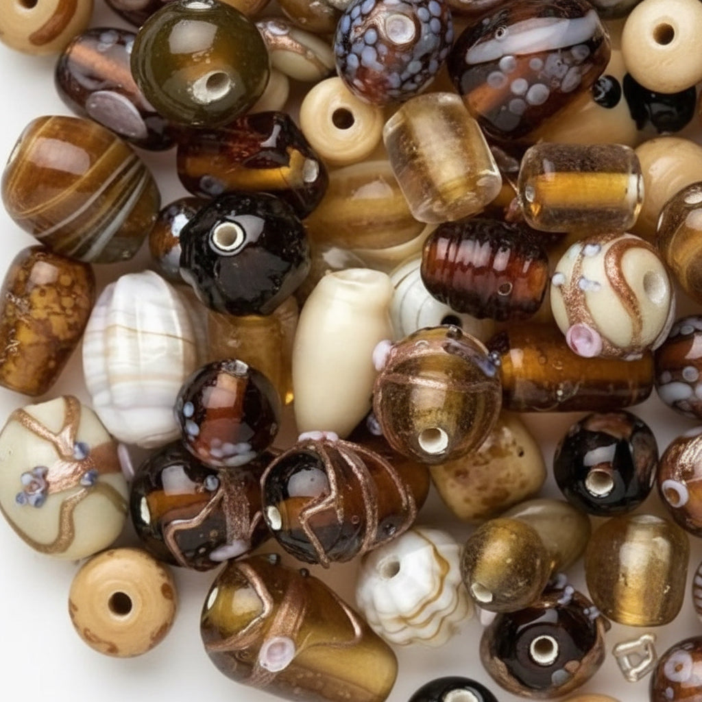 Lampwork Glass Amber Brown Fall Bead Mix 100g (60-100 beads)