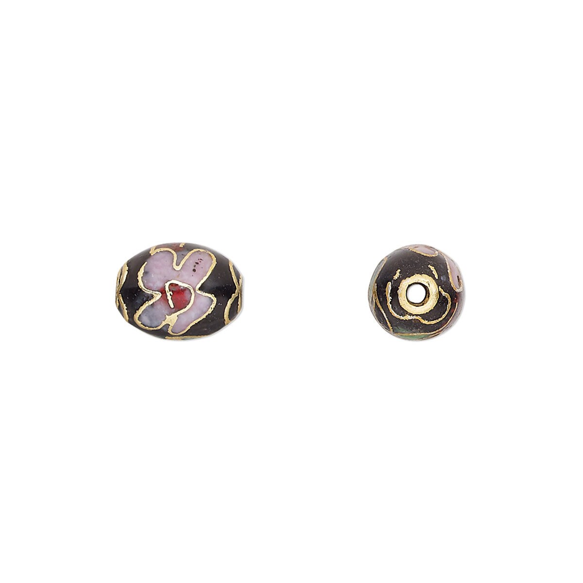 Two round beads with decorative patterns on a white background