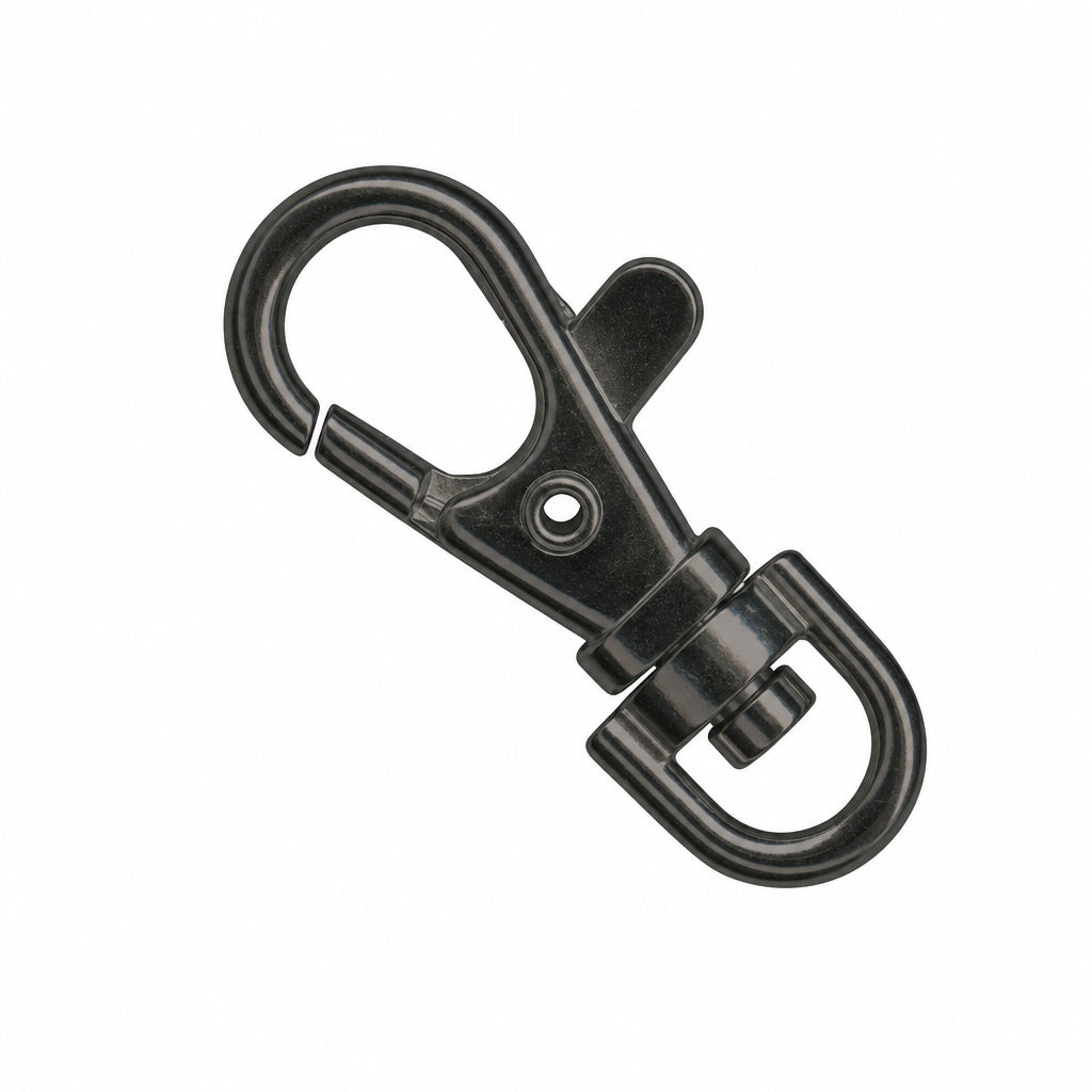 A black metal swivel snap hook clip with a split ring and swivel clasp, isolated on a white background.