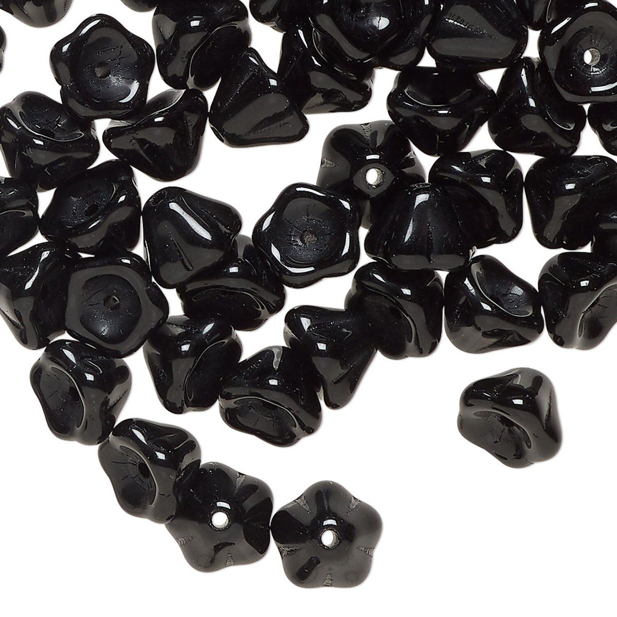 Opaque Black Czech Glass Cone Bell Flower Beads, 8.5x6.5mm - 80 pcs