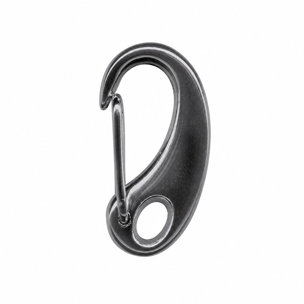 A single metallic carabiner hook in a dark gunmetal gray finish, isolated on a solid white background.