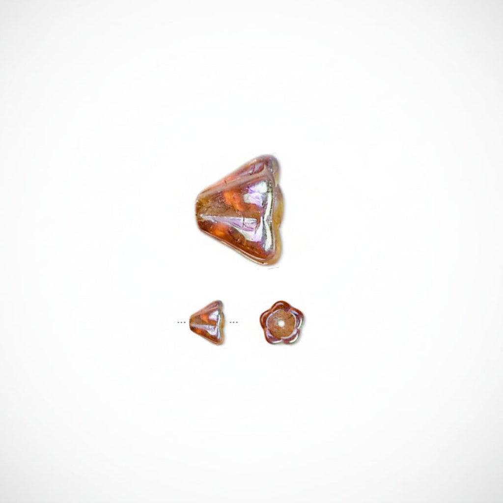 A close-up of an iridescent amber-brown glass bead with a pointed triangular shape, shown with two smaller side views below on a white background.
