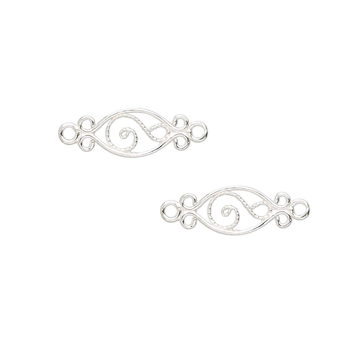 Two silver ornate filigree connector pieces with circular loops and scrollwork, shown on a plain white background.