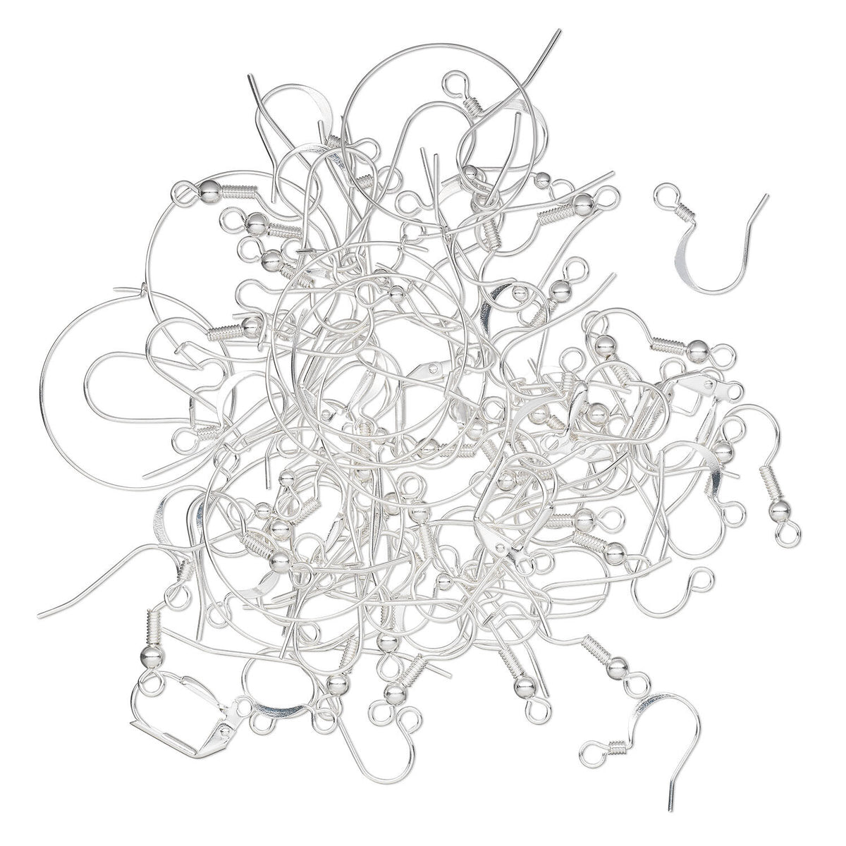 A pile of silver-colored metal ear hooks and ear wires arranged on a plain white background.