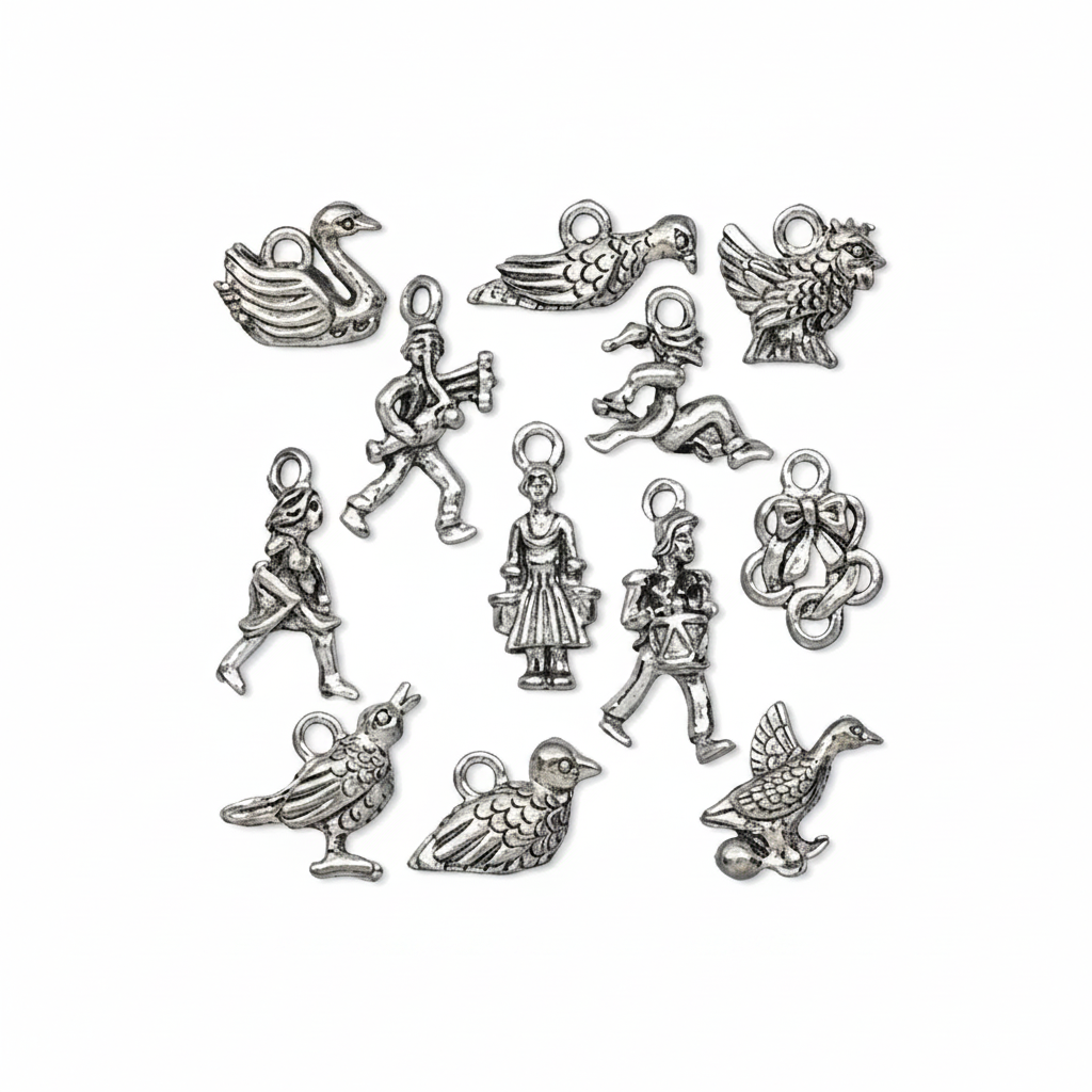 A set of 12 silver-toned metal jewelry charms with various animal and human figure designs, arranged on a plain white background.