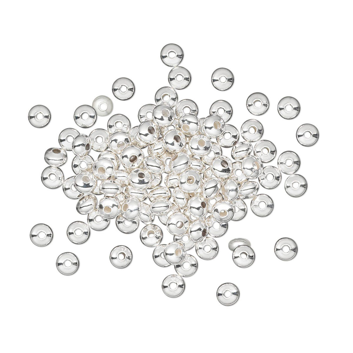A pile of small, round, silver-toned metal beads with a single hole, arranged on a plain white background.