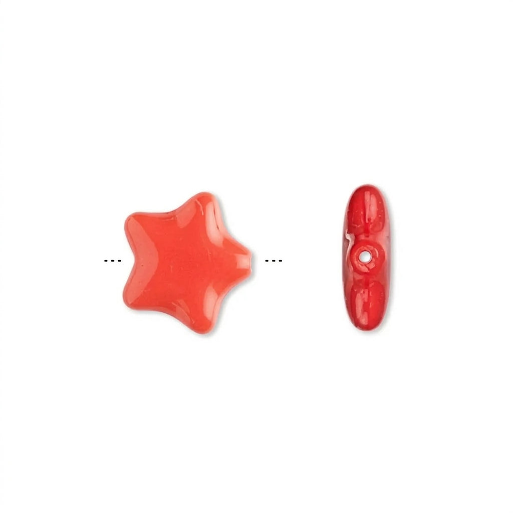 A ORANGE star-shaped bead shown from two angles on a plain white background, with dotted lines indicating the back view.