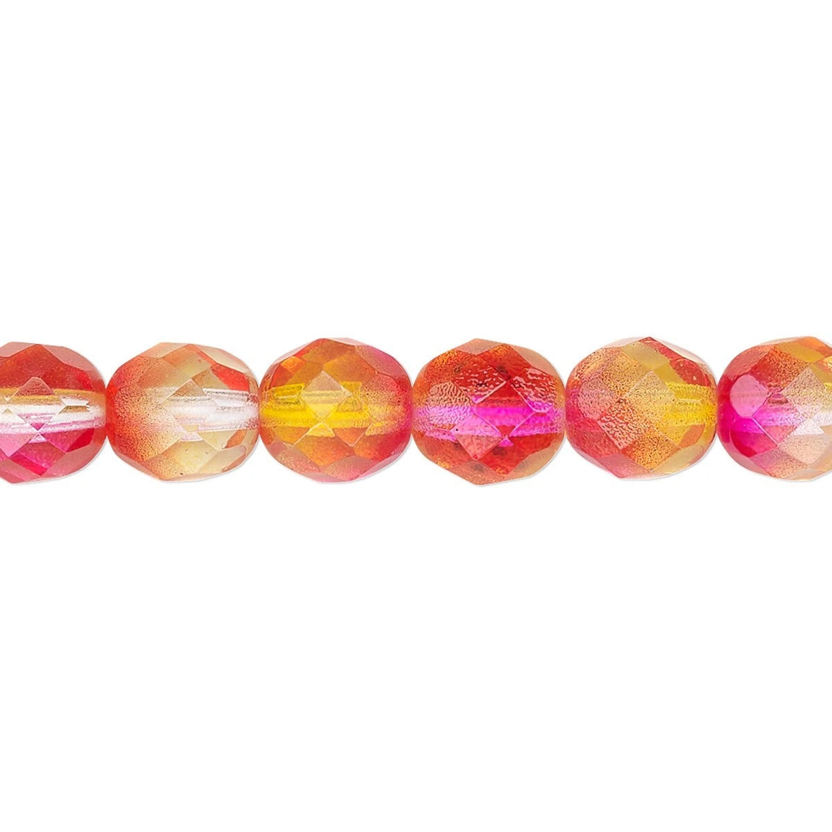 Faceted round beads in a warm gradient of orange, yellow, and pink, shown in a horizontal line on a plain white background.