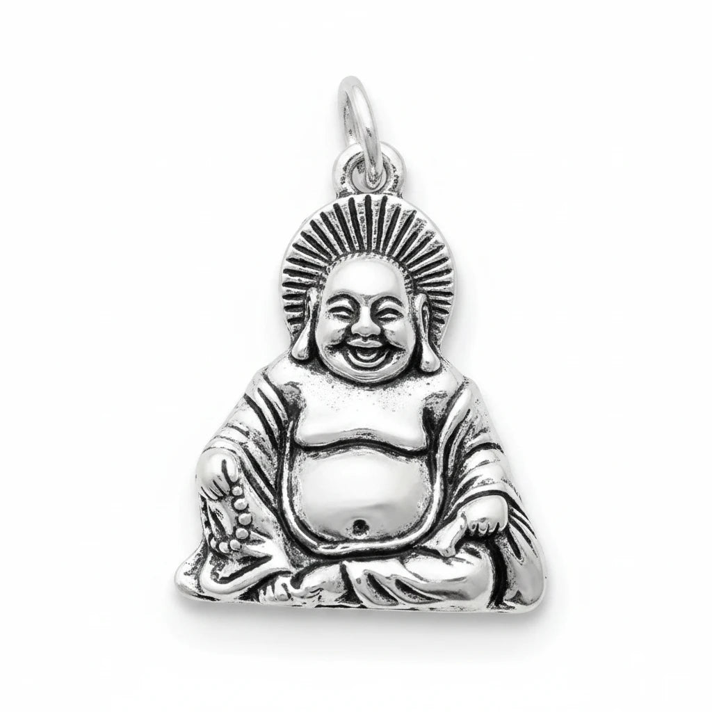 A silver-toned Buddha pendant with a smiling expression and a sunburst halo, shown against a textured blue background.