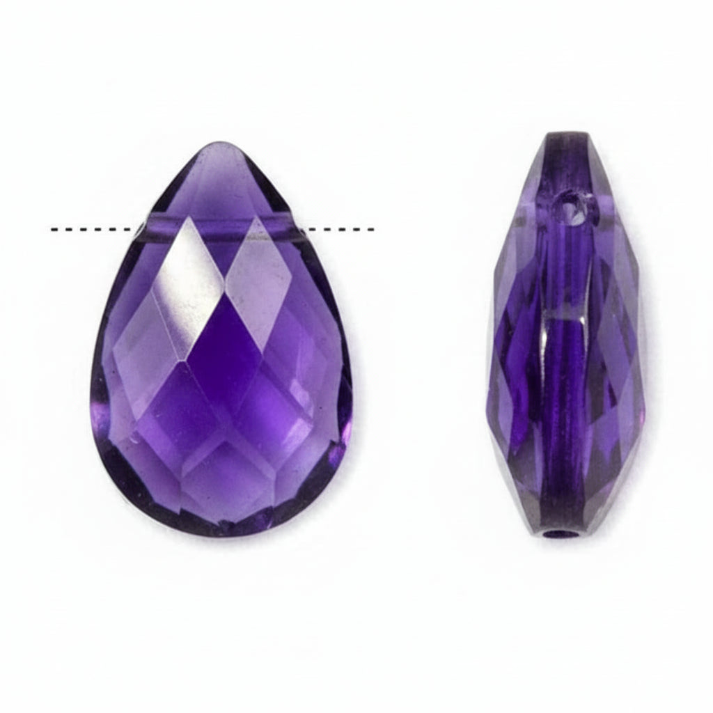 Two faceted teardrop-shaped purple beads shown on a plain white background, one from the front and one from the side.