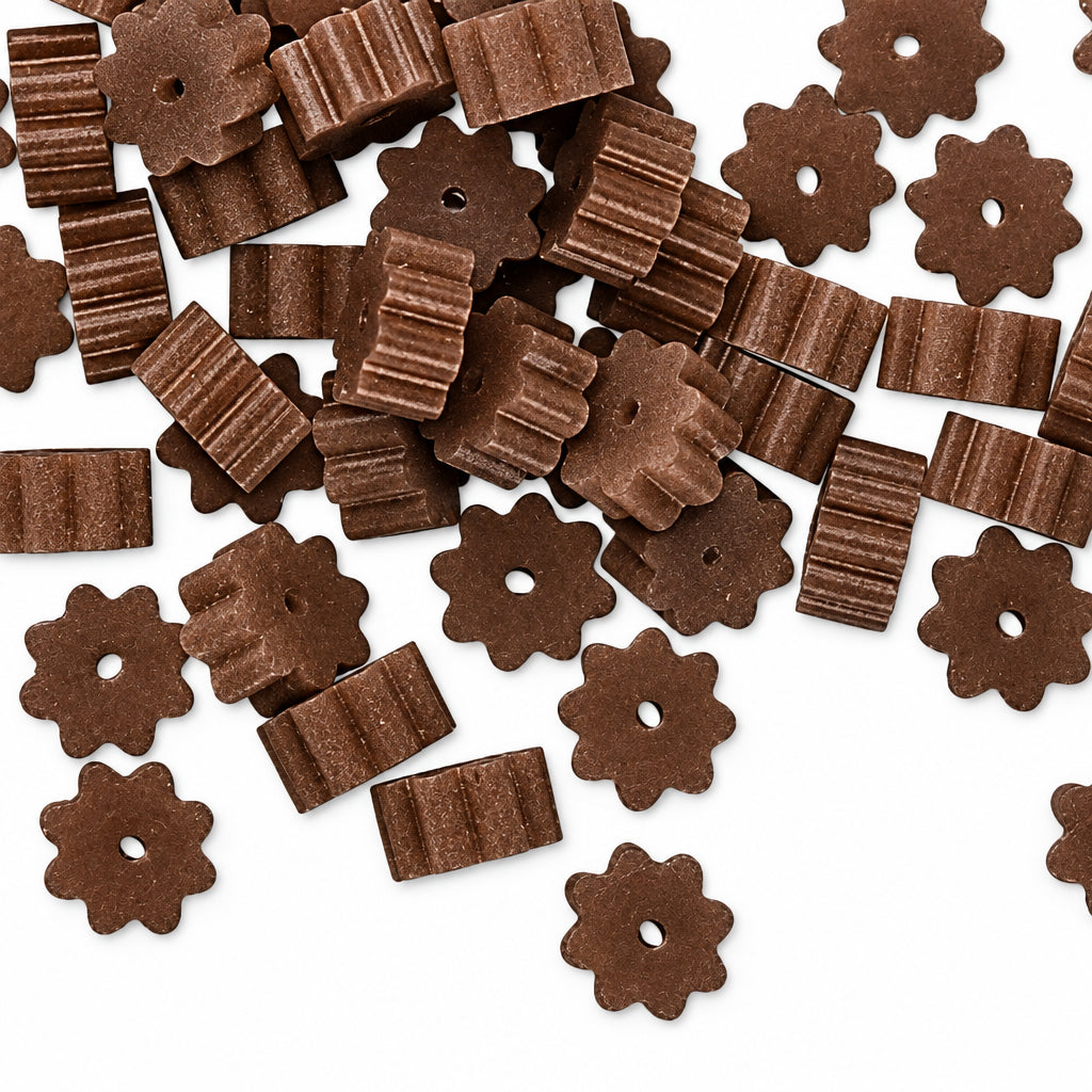 Brown plastic craft beads with a mix of flower, star, and rectangular shapes, scattered on a plain white background.