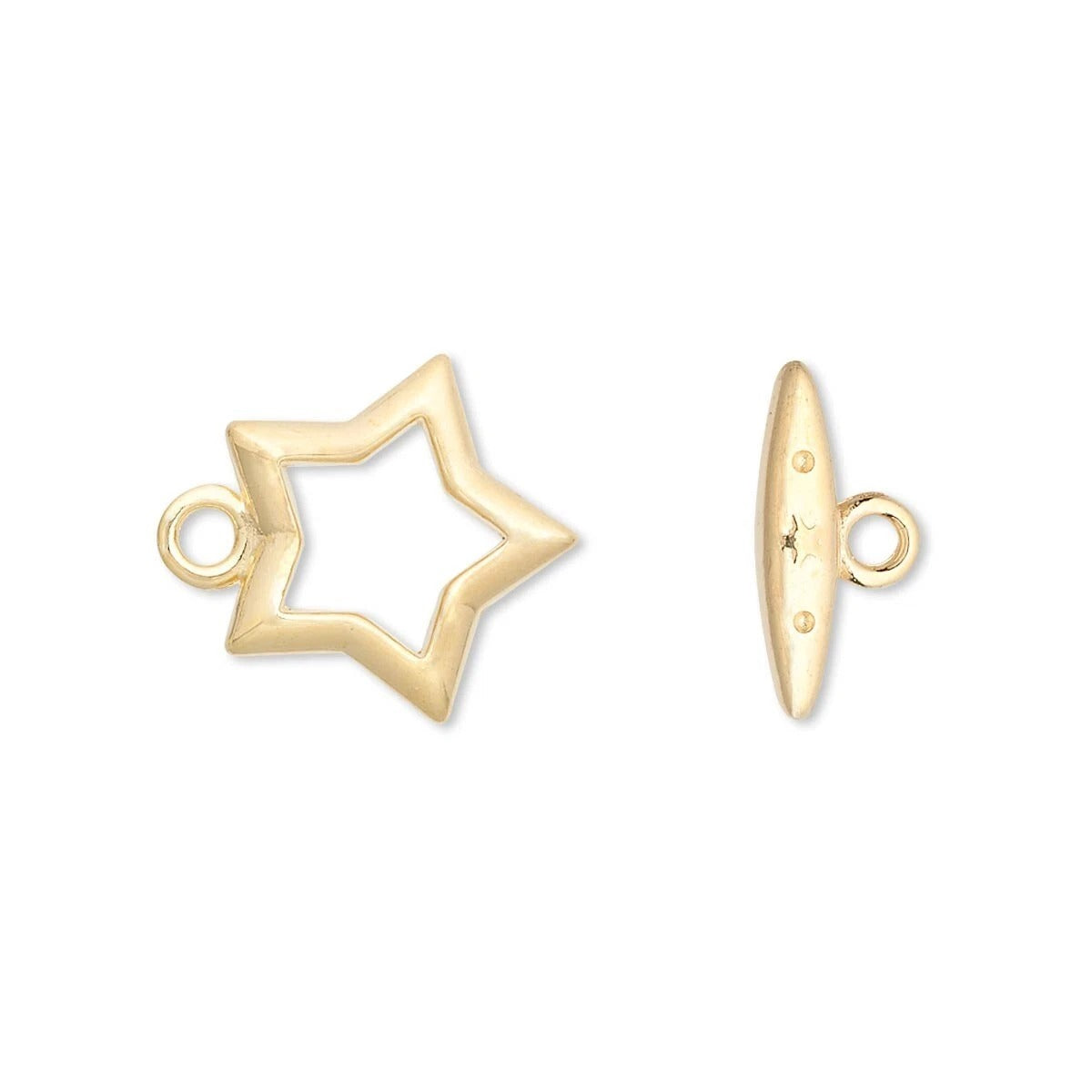 A pair of gold-toned jewelry findings on a plain white background, showing a five-pointed star outline charm with a loop on one end and a matching flat bar clasp with a loop on the other.