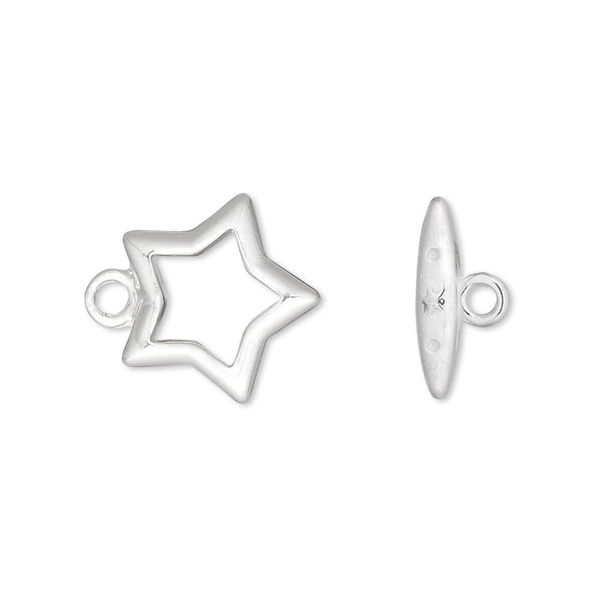 silver star-shaped jewelry findings, shown from two angles: a front view displaying a five-pointed star outline with a small loop at the top, and a side profile view showing the polished metal surface and loop.