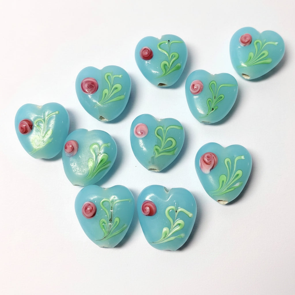 Lampwork Glass Light Blue Heart Focal Beads, Pink Flowers, 15mm — 10 pcs
