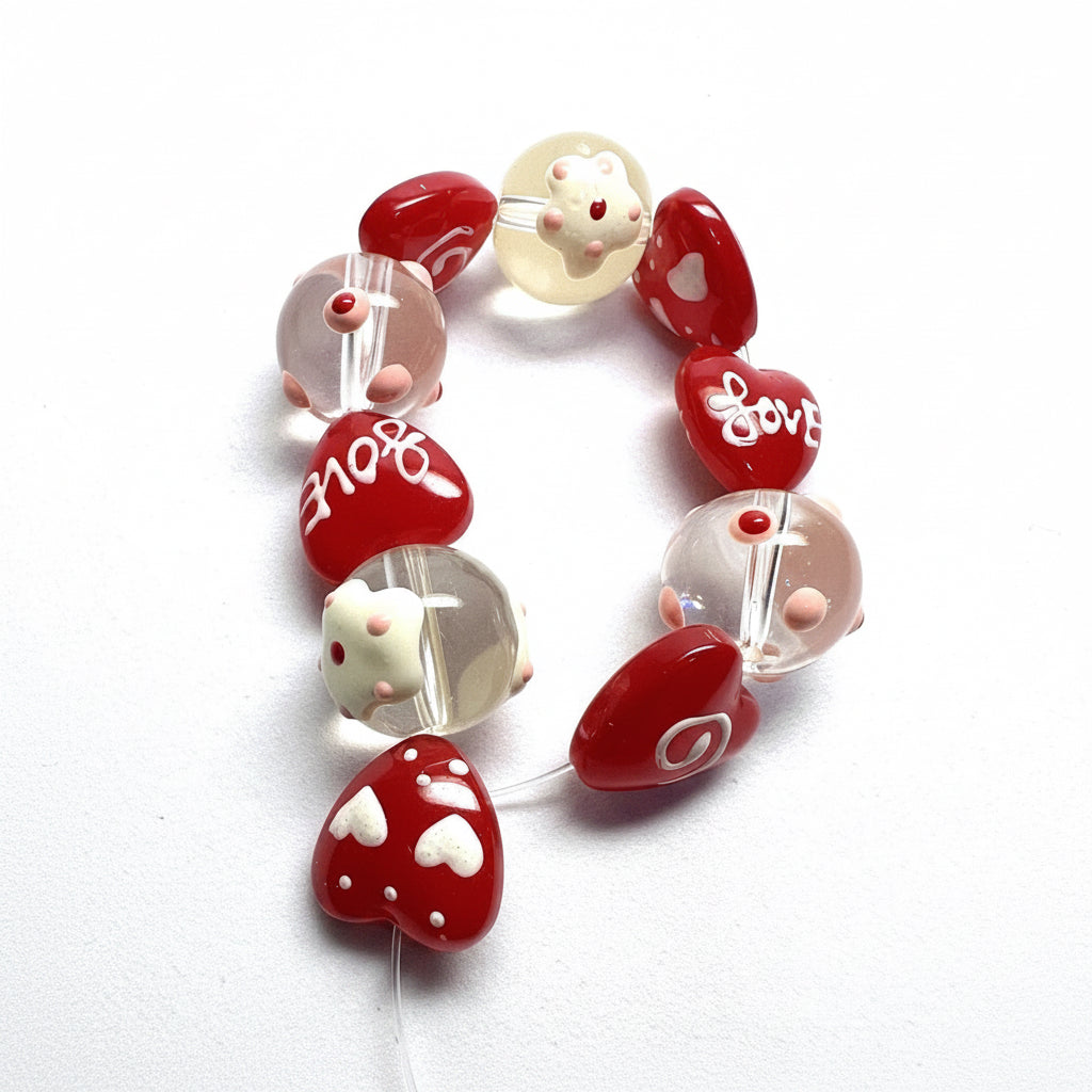 Hand Painted Glass Love Round & Heart Beads 14mm — 10 pcs