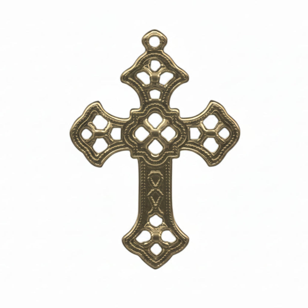 An ornate antique bronze cross pendant with intricate cutout patterns and a hanging loop at the top, shown against a plain white background.