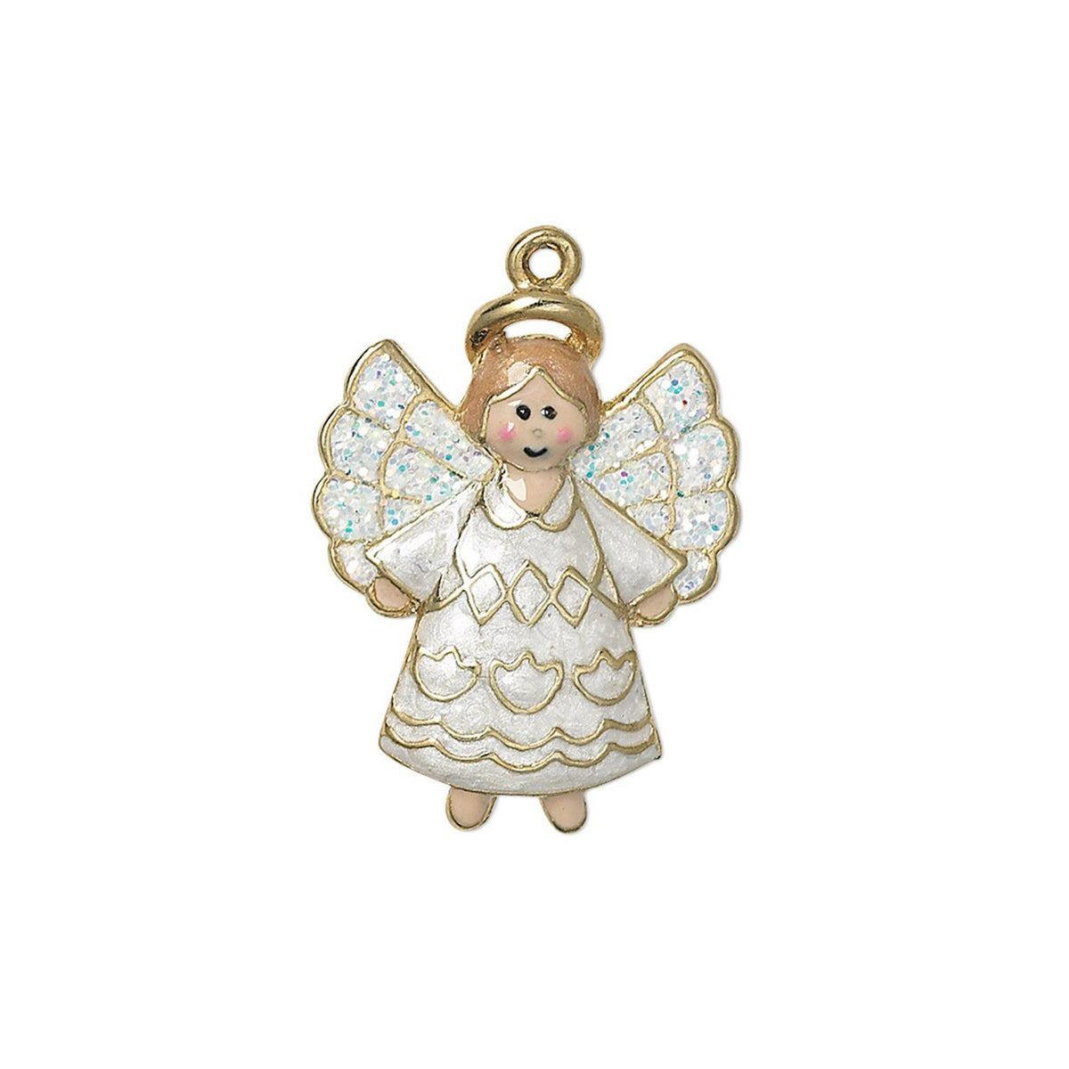 An angel-shaped jewelry charm with a gold-tone metal body, featuring a white textured dress, glittery wings, and a gold halo, shown on a plain white background.