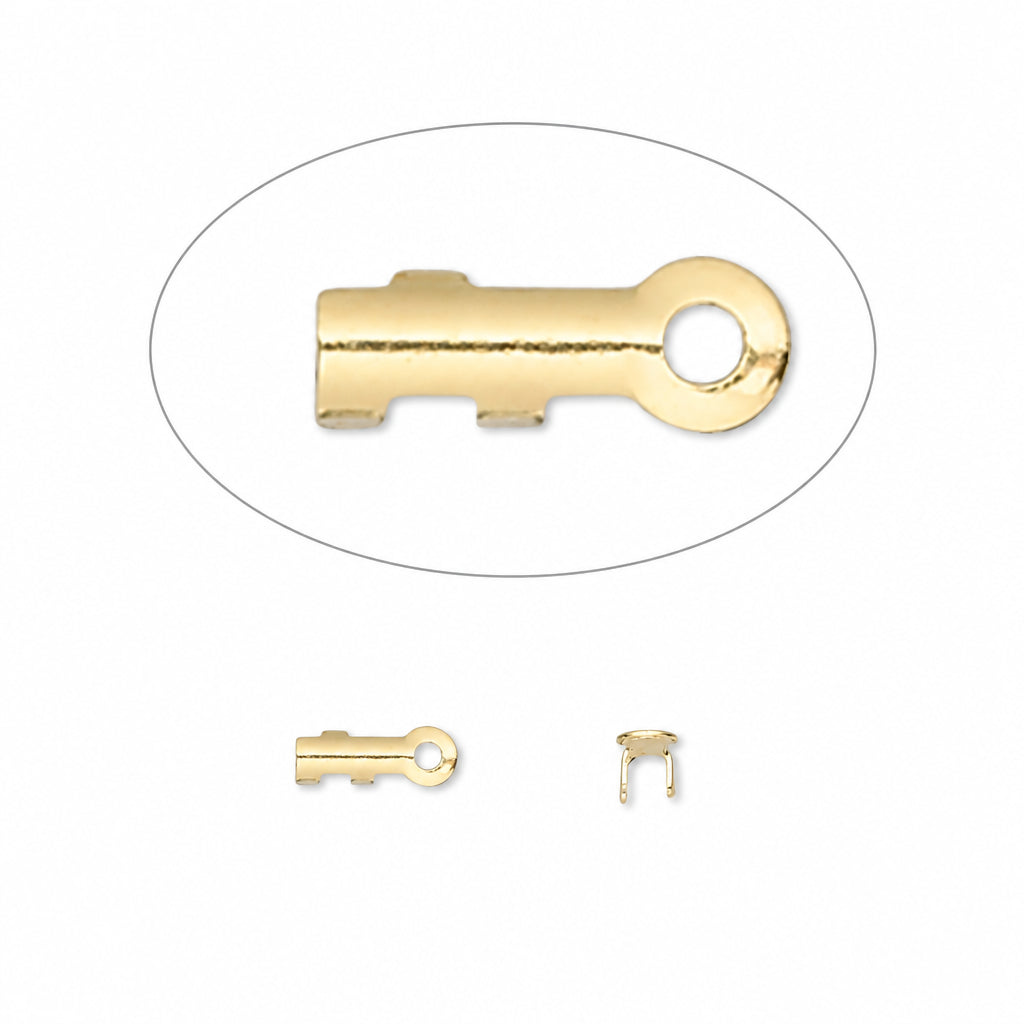 A small gold-toned metal key-shaped component with a circular loop at one end, shown on a white background with a larger inset view and two smaller alternate views below.